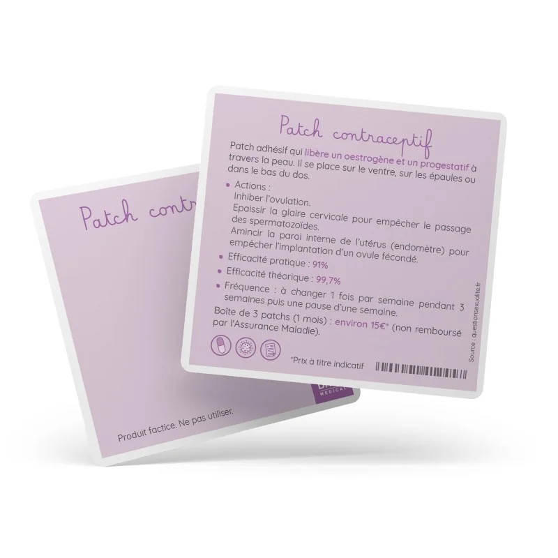 Verso de la carte éducative sur le patch contraceptif de démonstration Verso de la carte éducative sur le patch contraceptif de démonstration